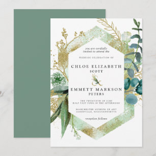Rustic Boho Blauwgroen Blue Botanical Gold Wedding Kaart
