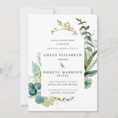 Rustic Boho Blauwgroen Blue Botanical Gold Wedding Kaart (Voorkant)
