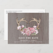 Rustic Boho Blush Floral Antlers Save the Date Ann Aankondigingskaart (Voorkant / Achterkant)