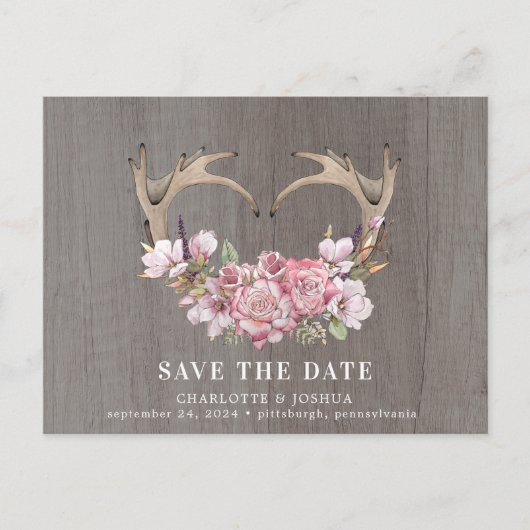 Rustic Boho Blush Floral Antlers Save the Date Ann Aankondigingskaart (Voorkant)