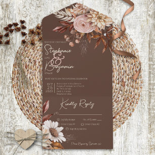 Rustic Boho Blush Neutrals Floral Brown Dinner All In One Uitnodiging