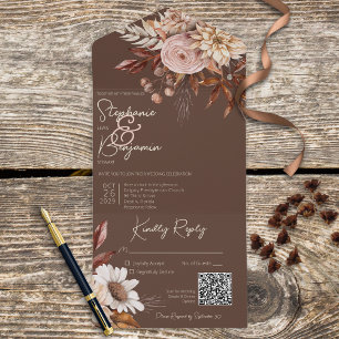 Rustic Boho Blush Neutrals Floral Brown QR Code All In One Uitnodiging