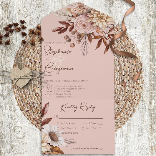Rustic Boho Blush Neutrals Floral Pink Dinner All In One Uitnodiging