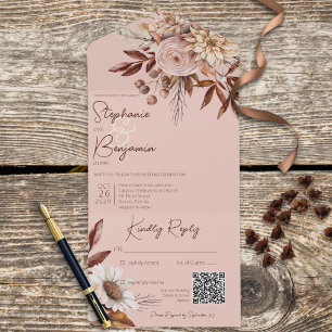 Rustic Boho Blush Neutrals Floral Pink QR Code All In One Uitnodiging