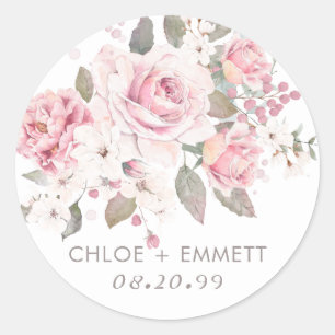 Rustic Boho Blush Pink Rose Floral Wedding Ronde Sticker