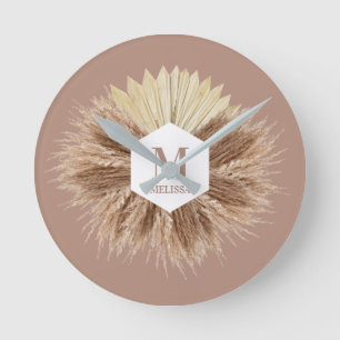 Rustic Boho Bohemian Pampas Grass Monogram Ronde Klok