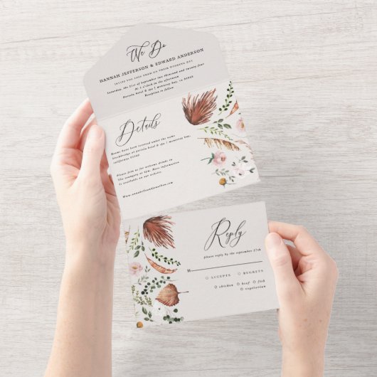 Rustic Boho Botanical Script Wedding Invitation All In One Uitnodiging (Afscheurbaar)