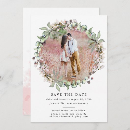 Rustic Boho Botanical Wreath Photo Wedding Save The Date (Voorkant / Achterkant)