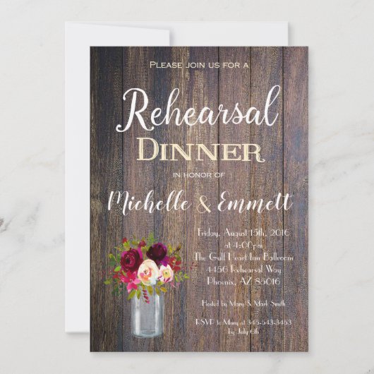 Rustic Boho Bourgogne Rehearsal Dîner Invitation (Devant)