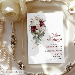 Rustic Boho Bourgondië White Rose Bewaar de datum Kaart