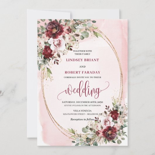 Rustic Boho Burgundy Blush Gold Floral Invitation (Devant)