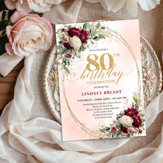 Rustic Boho Burgundy Floral 80th Birthday Invite Kaart