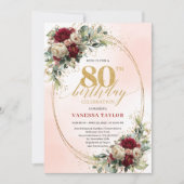 Rustic Boho Burgundy Floral 80th Birthday Invite Kaart (Voorkant)