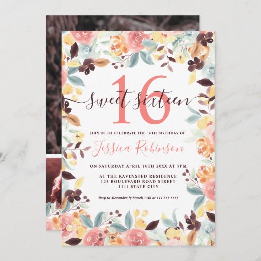 Rustic boho burgundy floral photoSweet 16 Kaart (Voorkant / Achterkant)