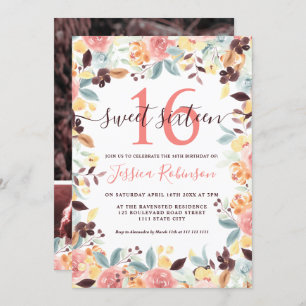 Rustic boho burgundy floral photoSweet 16 Kaart