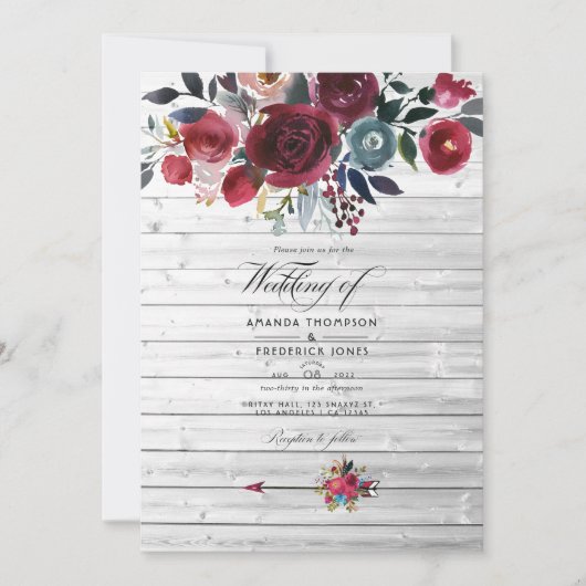 Rustic Boho Chic Burgundy and Navy Floral Wedding Kaart (Voorkant)