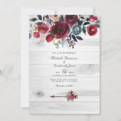 Rustic Boho Chic Burgundy and Navy Floral Wedding Kaart (Voorkant)