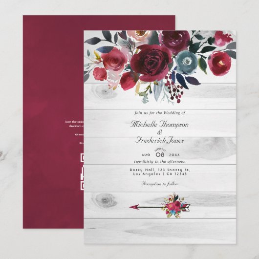 Rustic Boho Chic Burgundy and Navy Floral Wedding Kaart (Voorkant / Achterkant)