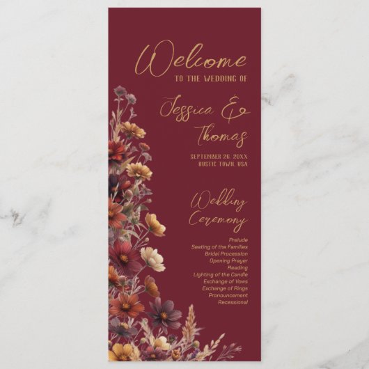 Rustic Boho Chic Wildflowers Burgundy Wedding Programma (Voorkant)