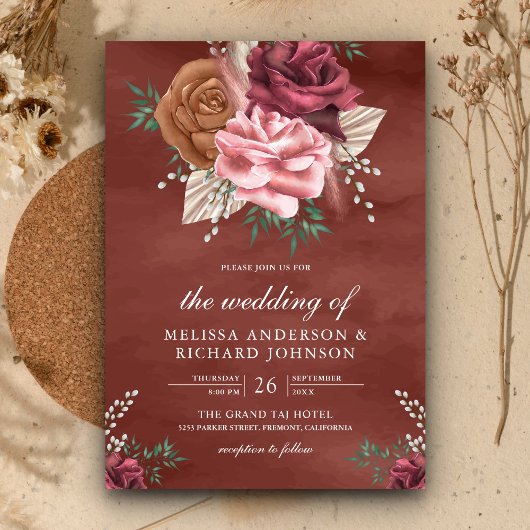 Rustic Boho Cinnamon Roos Earthy Floral Wedding Kaart