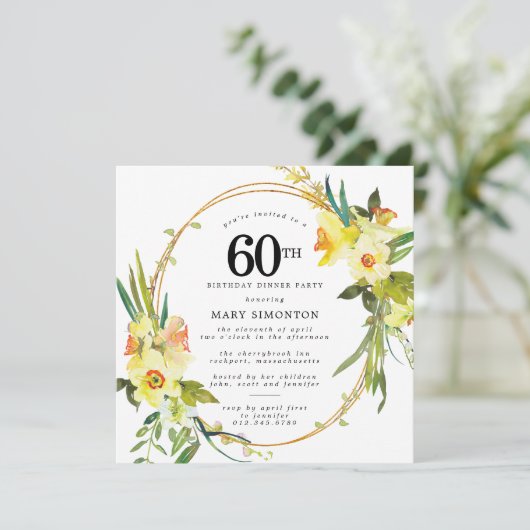 Rustic Boho Daffodil 60ste verjaardag Dinner Party Kaart (Staand voorkant)
