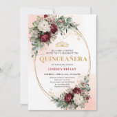 Rustic Boho Deep Red Floral Gold Quinceañera Invit Kaart (Voorkant)