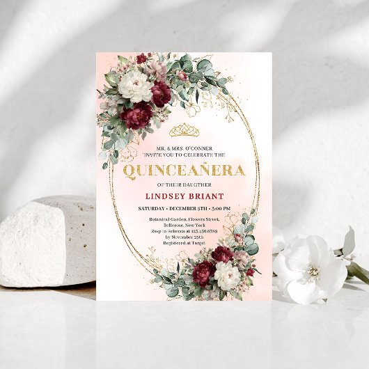 Rustic Boho Deep Red Floral Gold Quinceañera Invit Kaart
