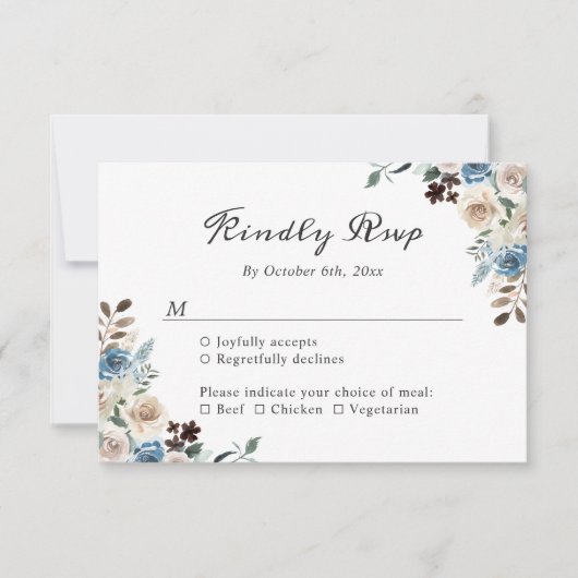 Rustic Boho Dusty Blue Floral Wedding RSVP Kaartje (Voorkant)