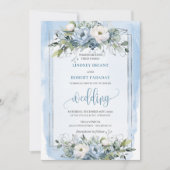 Rustic Boho Dusty Blue Silver Roses Wedding Invite Kaart (Voorkant)
