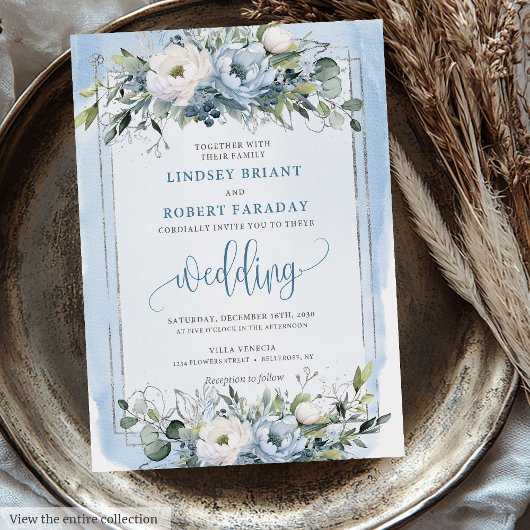 Rustic Boho Dusty Blue Silver Roses Wedding Invite Kaart