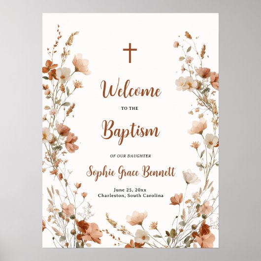 Rustic Boho Dusty Roos Wildflower Doop Welkom Poster (Voorkant)