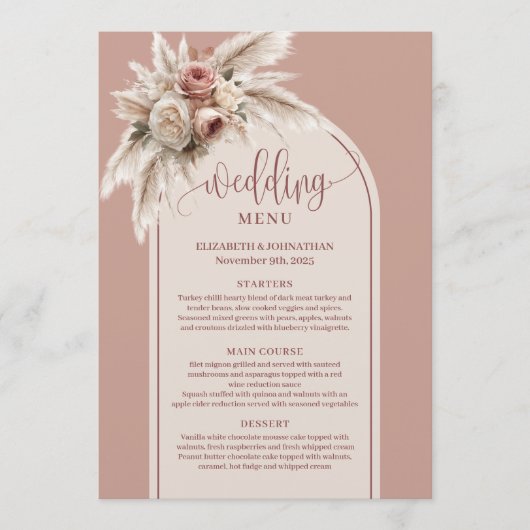 Rustic Boho Dusty Rose Pampas Floral Wedding Menu (Devant)