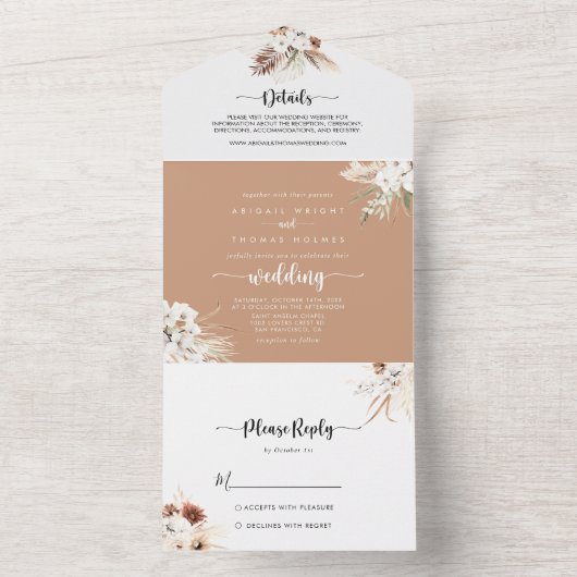Rustic Boho Elegant Floral Wedding All In One Uitnodiging (Binnen)