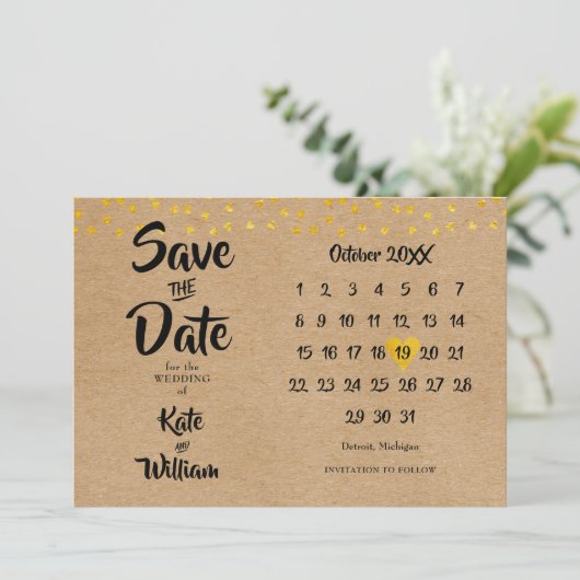 Rustic Boho Elegant Gold Heart Calendar Save The Date (Staand voorkant)