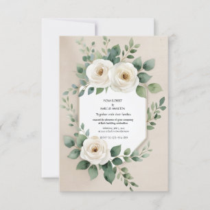 Rustic Boho – Elegante Witte Rozen & Beige Linnen RSVP Kaartje