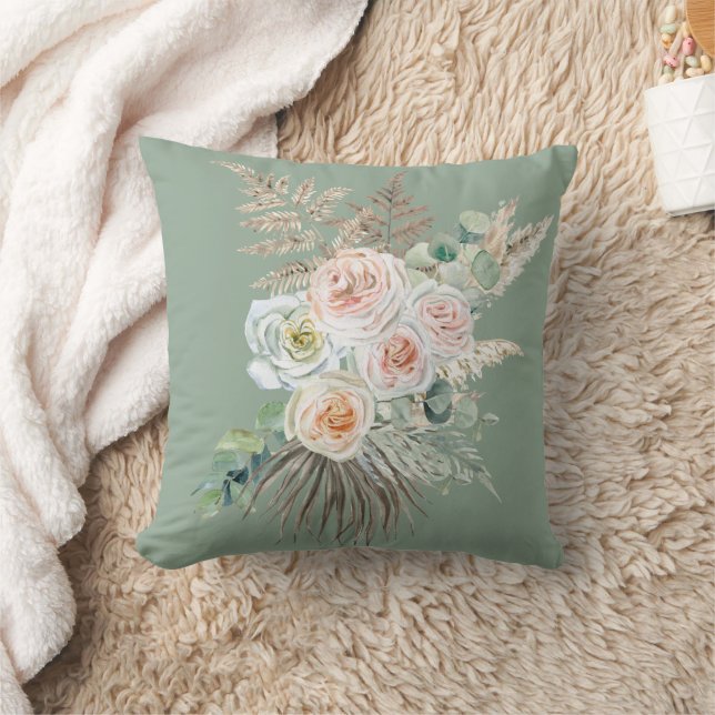 Rustic Boho Evergreen Pink Floral Pampas Kussen (Deken)