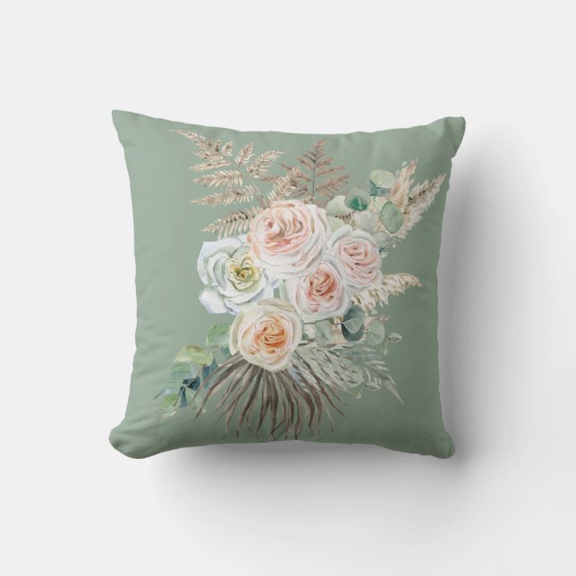 Rustic Boho Evergreen Pink Floral Pampas Kussen (Voorkant)