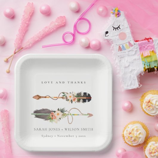 Rustic Boho Feather Floral Arrow Wedding Bedankt Papieren Bordje (Feest)