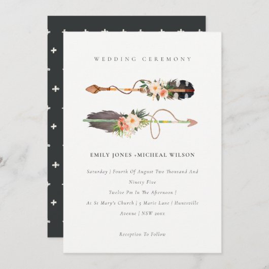 Rustic Boho Feather Floral Arrow Wedding Invite Bedankkaart (Voorkant / Achterkant)