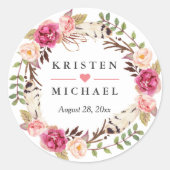 Rustic Boho Feather Floral Wreath Wedding Favor Ronde Sticker (Voorkant)