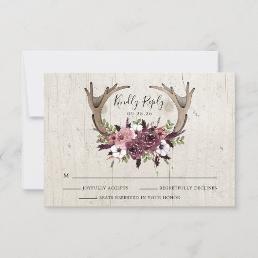 Rustic Boho Floral Antlers Wedding Response Kaart (Voorkant)