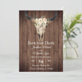 Rustic Boho Floral Koe Skull op Barnwood Wedding Save The Date (Staand voorkant)