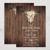 Rustic Boho Floral Koe Skull op Barnwood Wedding Save The Date (Voorkant / Achterkant)