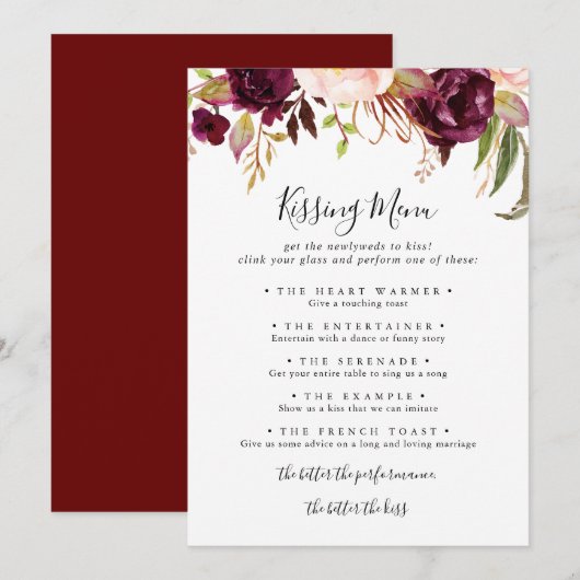 Rustic Boho Floral Mariage Kissing Menu Carte de j (Devant / Derrière)