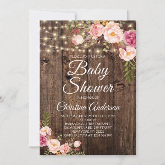 Rustic Boho Floral String Lights Baby shower Kaart (Voorkant)