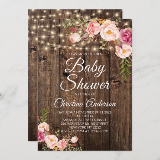 Rustic Boho Floral String Lights Baby shower Kaart (Voorkant / Achterkant)