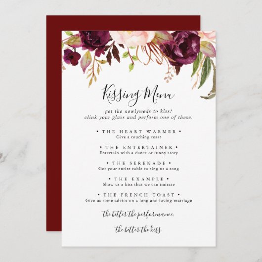 Rustic Boho Floral Wedding Kissing Menu Game Kaart (Voorkant / Achterkant)
