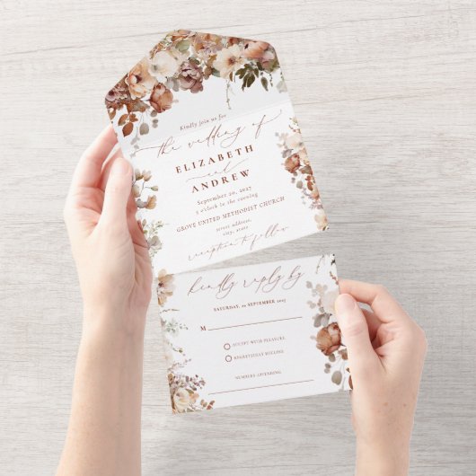 Rustic Boho Garden Flowers Wedding All In One Uitnodiging (Afscheurbaar)