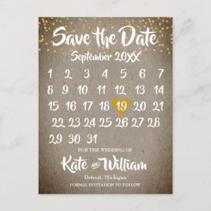 Rustic Boho Gold Love Heart Calendar Save the Date Aankondigingskaart