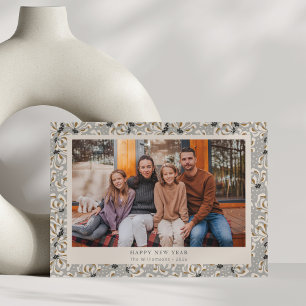 Rustic Boho Gray Stylish Botanical Photo nieuwjaar Feestdagenkaart